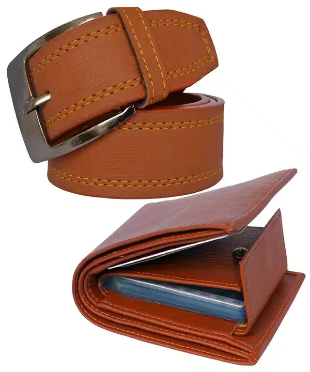 Leather Belt with Wallet for Men, Set of 2 (Tan)