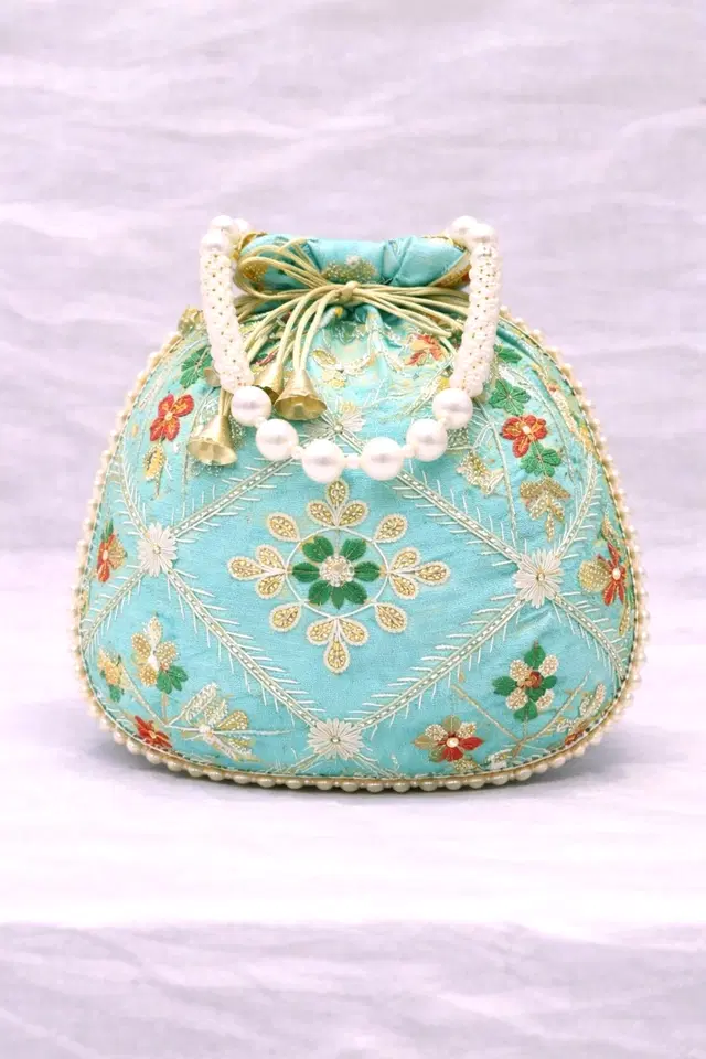 Handcrafted Embroidered Silk Potli Bag, Aqua Blue