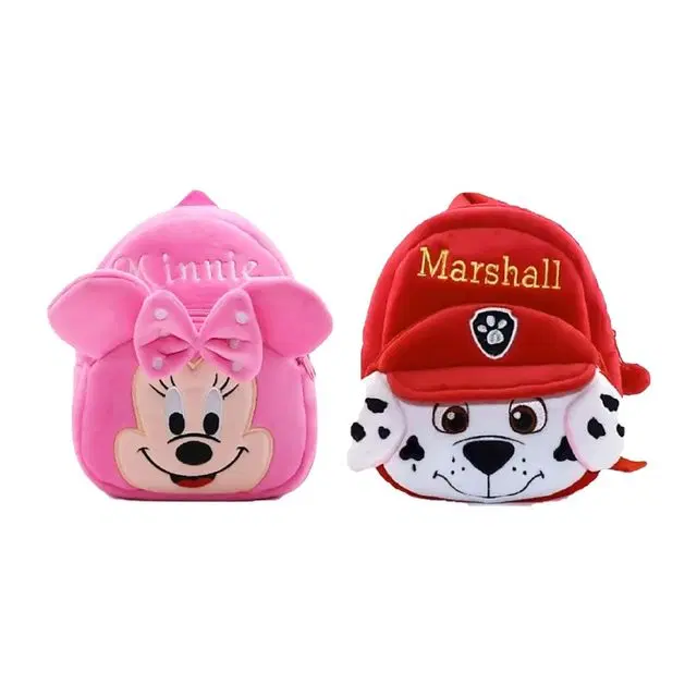 Heaven Decor Marshall & Minnie Soft Velvet Kids School Bag Nursury Class To 5,  14 Inch,  Red & Pink, A066