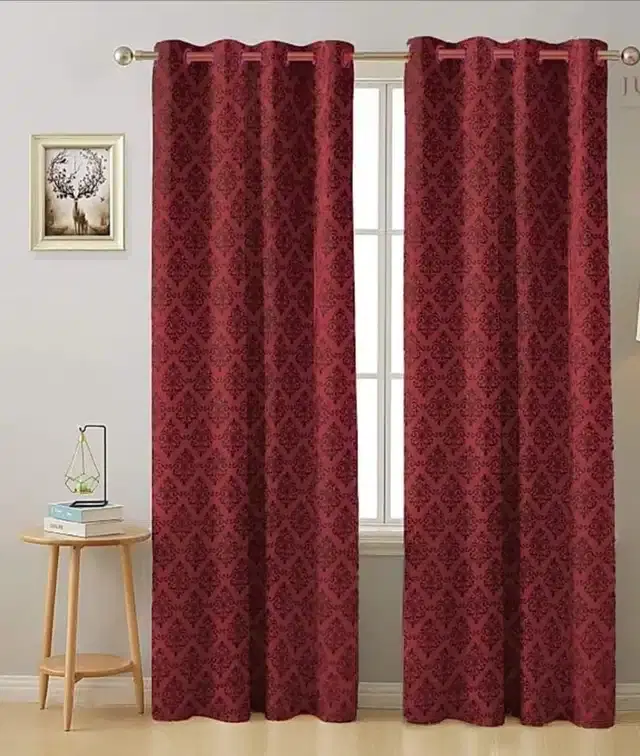 Polyester Checkered Window & Door Curtains, Pack of 2, Maroon, 5 feet