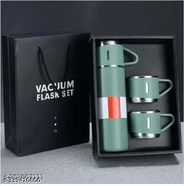 Stainless Steel Flask Bottle with 3 Pcs Cups, Black, Set of 1