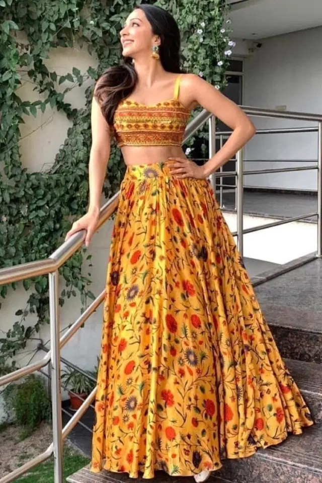 Rayon Printed Lehenga Choli with Dupatta for Women (Yellow)