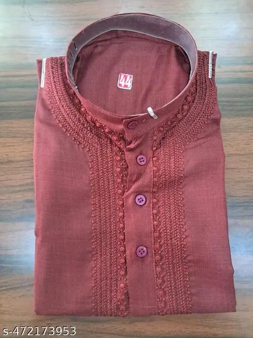 Show Button Mandarin Neck Kurta for Men (Maroon, L)
