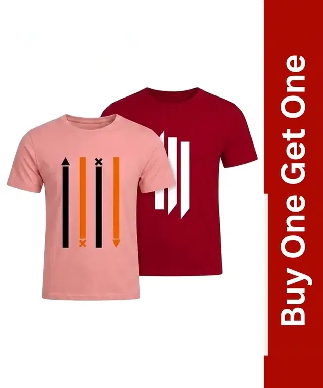 Men's Round Neck Printed T-Shirt, Buy 1 Get 1, Peach & Red, M