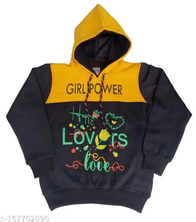 Fleece Printed Full Sleeves Hooded Sweatshirt for Girls (Black, 3-4 Years)