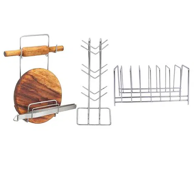 Stainless Steel Cup Stand & Plate Stand & Chakla Belan Stand For Kitchen, Set of 3, OC-028