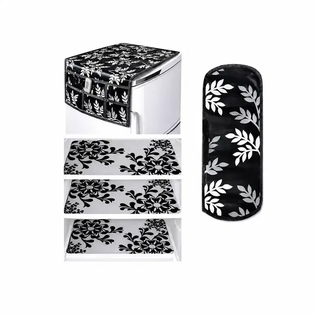 Krishna 1 Fridge Top Cover with 1 Handle Cover & 3 Placemat, Set of 5, Black