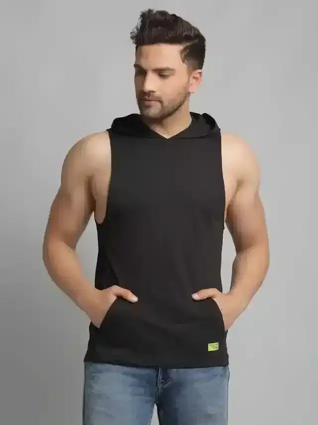 Sleeveless Cotton Hooded T-shirt for Men (Black, M)