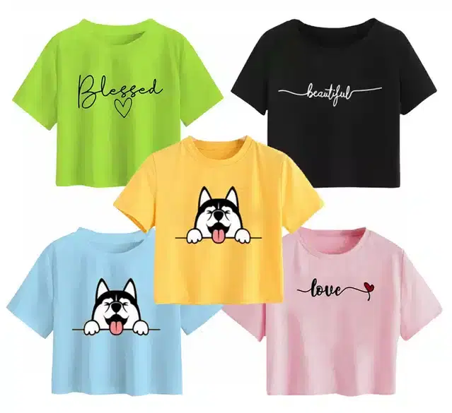 Cotton Printed Crop Tops for Girls, Pack of 5 (Multicolor, 13-14 Years)