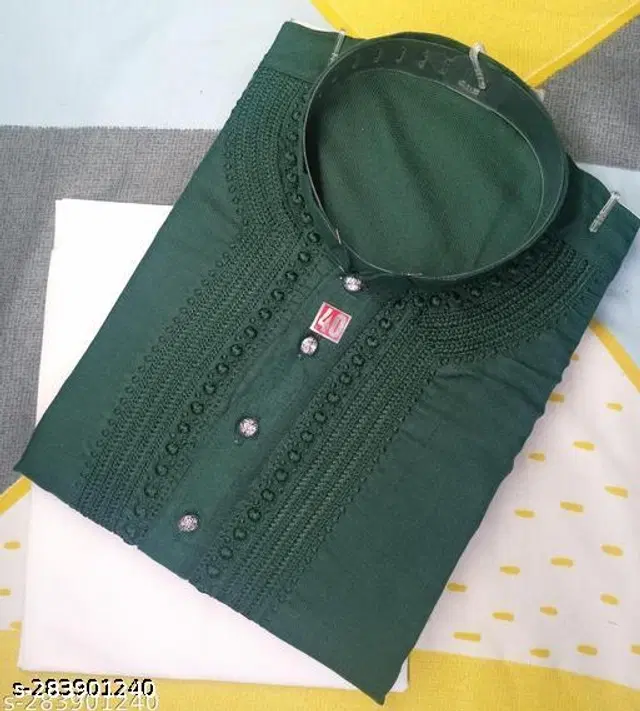 Cotton Embroidered Kurta with Pyjama for Men (Bottle Green & White, L)