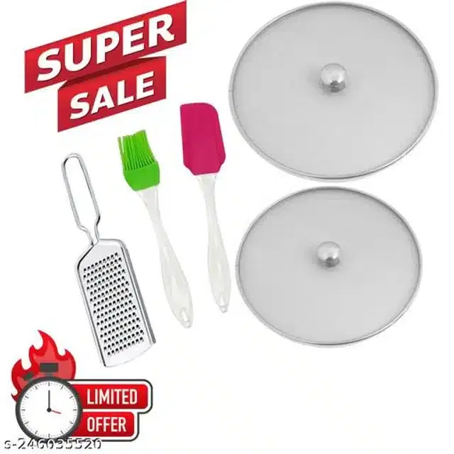 Metal Net Lids, 2 Pcs with Cheese Grater, Spatula & Oil Brush, Multicolor, Set of 5