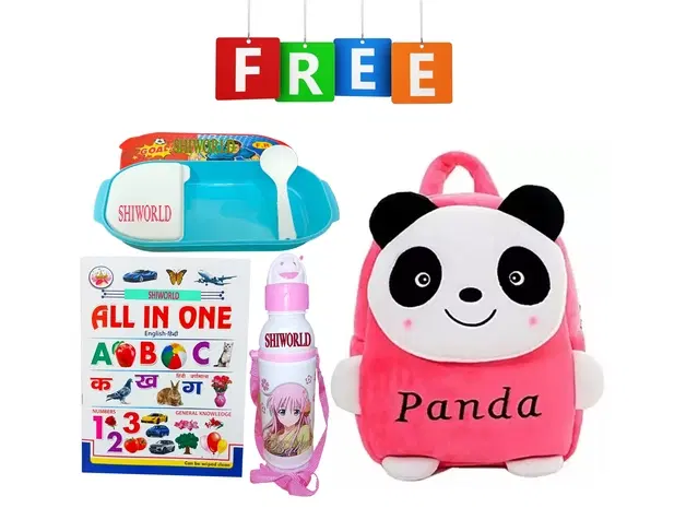Combo of Fabric School Bag, Water Bottle, Lunch Box with All in One Book for Kids, Multicolor, Set of 4