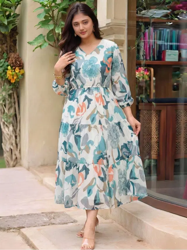 Poly Georgette Floral Print Kurti for Women, Blue (S)