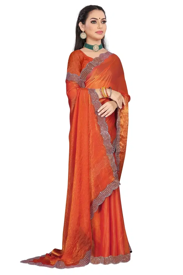 Satin Solid Saree for Women, Orange (6.3 m)