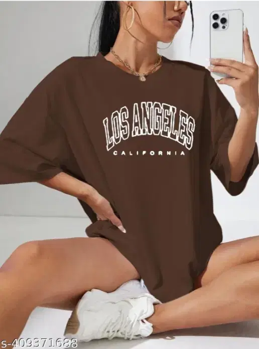 Chest Print Cotton Blend T-Shirts for Women, Brown (XL)