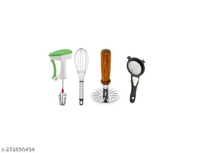 Combo of Hand Blender, Whisk, Masher & Tea Strainer, Multicolor, Set of 4