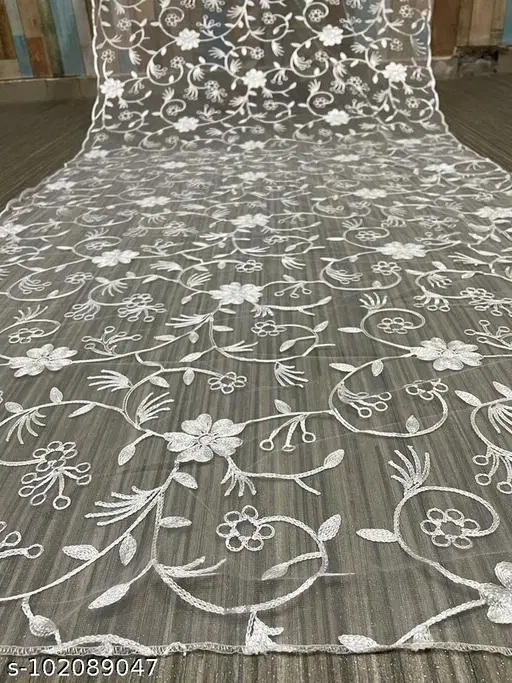 Embroidered Chanderi Net Floral Sewing & Embroidery (White, Free Size)
