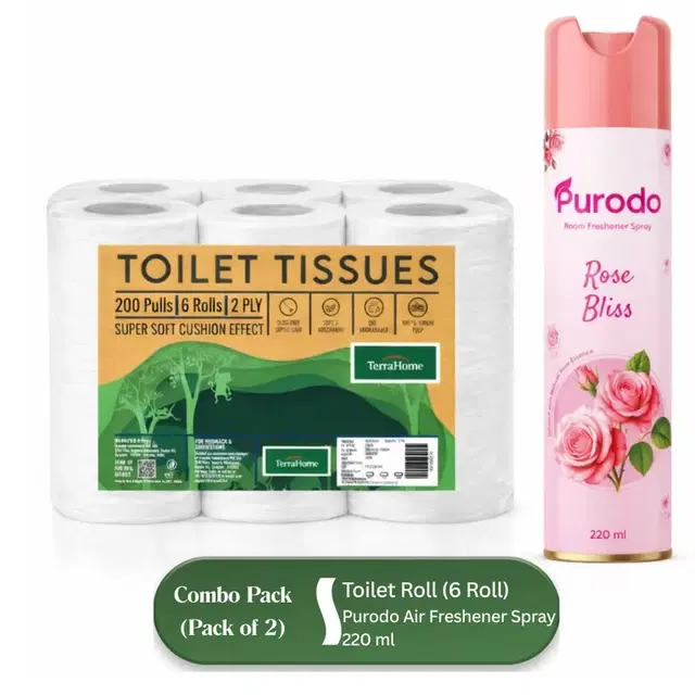Purodo Air Freshener Spray 220 ml Rose Bliss and TerraHome Toilet Tissue Paper Rolls, 2 Ply, 1200 Pulls [6 x 200 Pulls] [Pack of 2]