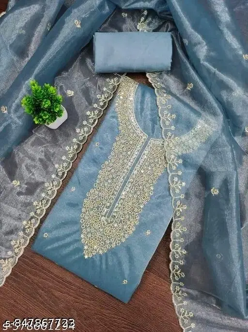 Organza Embroidered Punjabi Suits for Women (Blue, Un Stitched)