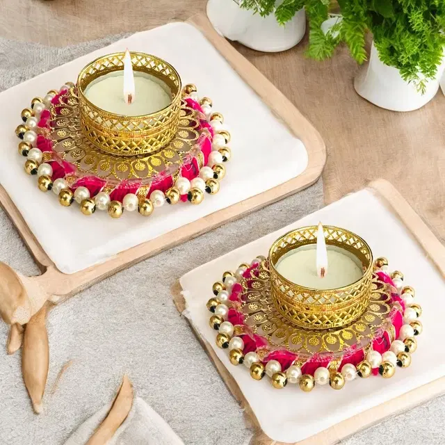 Metal Designer Tealight Candle Holder, Pink, 9x9x2.5 cm, Pack of 2