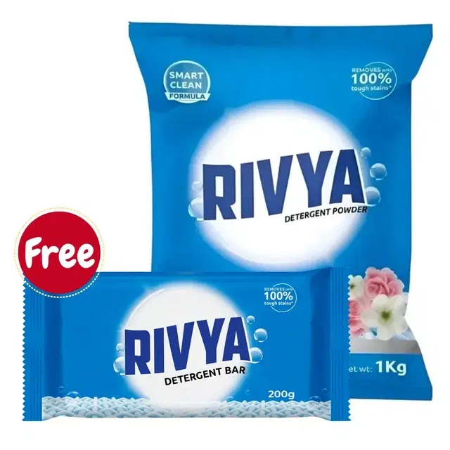 Rivya Rose & Jasmine Detergent Powder 1 kg + Rivya Detergent Bar 200 g (Free)