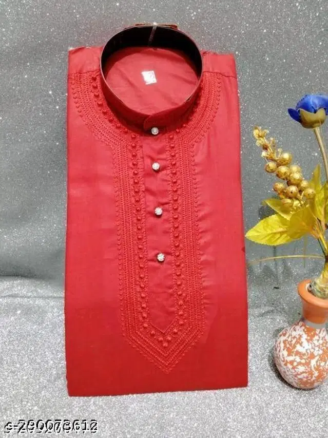 Cotton Solid Kurta for Men (Red, M)