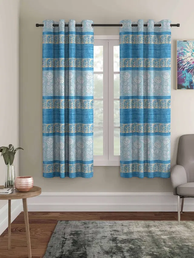 Polyester Curtain for Window, Blue, 5x4 Feet, Pack of 2