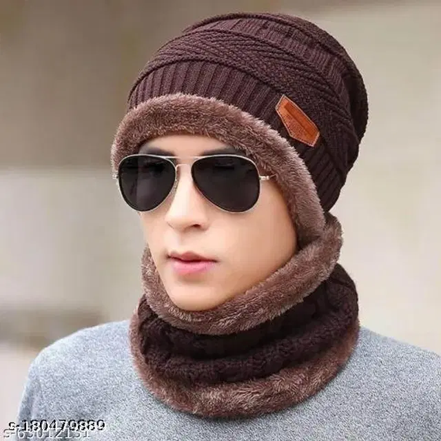 Woolen Winter Beanie Cap with Neck Warmer for Men, Set of 1 (Brown)