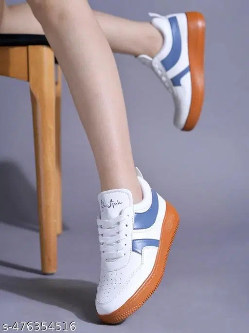 Printed Synthetic TPR Sole Sneakers for Women (White, IND-3)