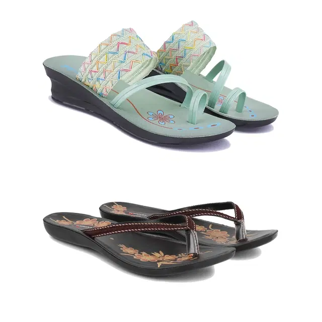 Sandals for Women, Pack of 2 (Mint Green & Brown, 5)