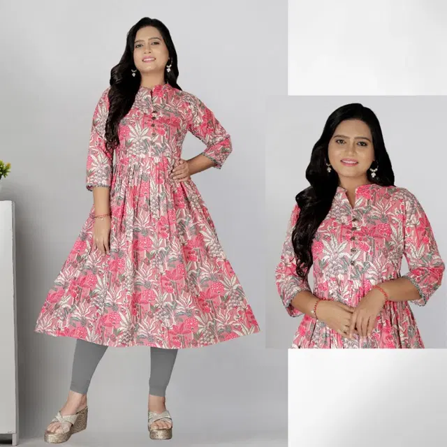 Cotton Silk Printed Kurti for Women, Pink (XXL)