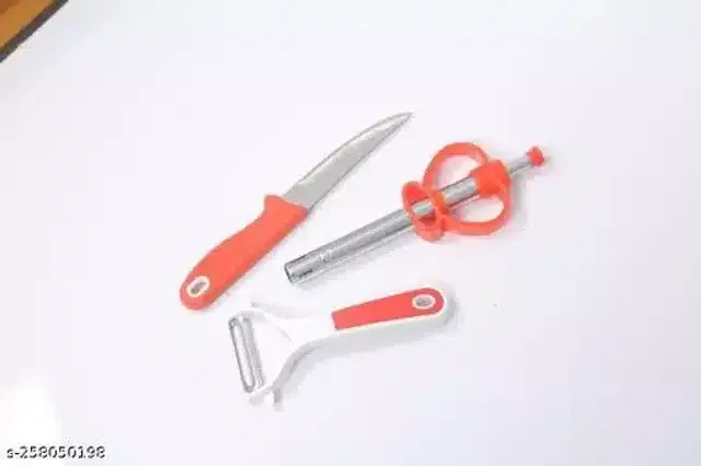 Knife & Gas Lighter with Peeler, Red, Set of 3