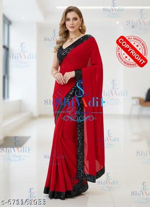 Chiffon Embellished Saree For Women, Red