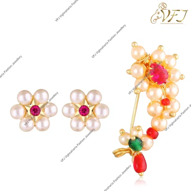 Alloy Nath Nosepins & Earrings Set for Women, Set of 2 (Multicolor)