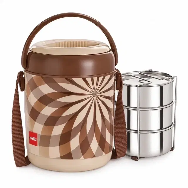 Cello Mark Lunch Box, 3 Pc, Brown | Insulated Carrier | Keeps Meals Warm | Easy-Grip Handle