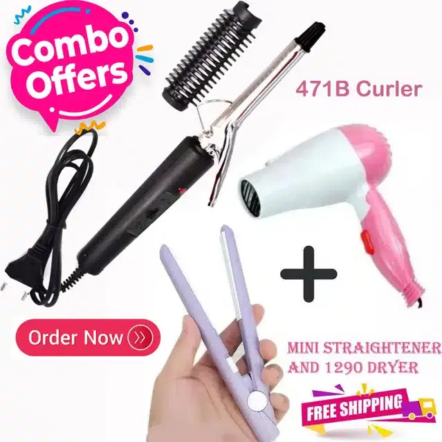 Mini Straightener, Curler & Hair Dryer Combo, Multicolor, Set of 3