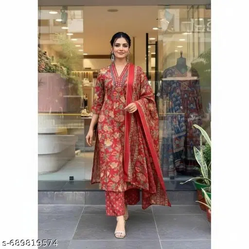 Viscose Rayon Kurta & Plazo With Dupatta Red (XL)