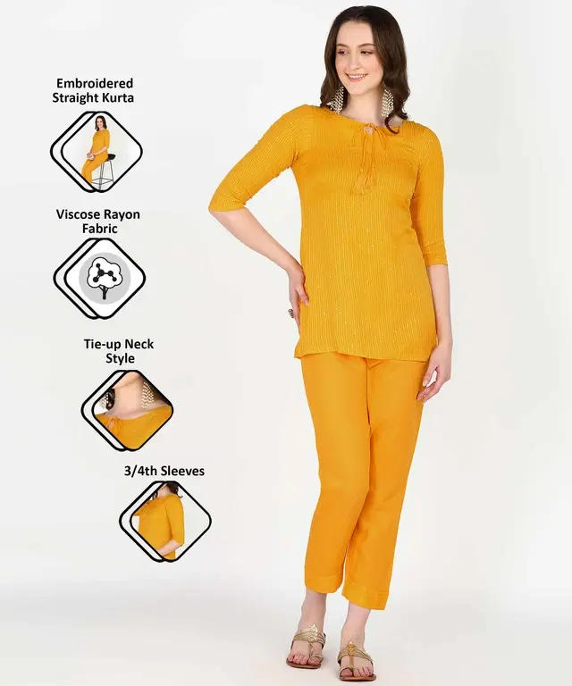 Rayon Embellished Top & Bottom Set for Women (Yellow, S)
