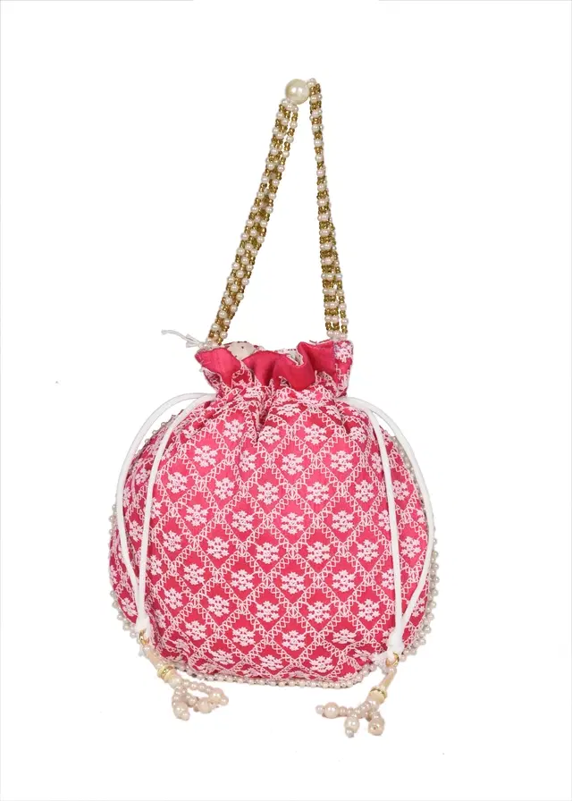 Silk Floral Ethnic Rajasthani Traditional Work Potli with Handle for Return Gifts, Pink