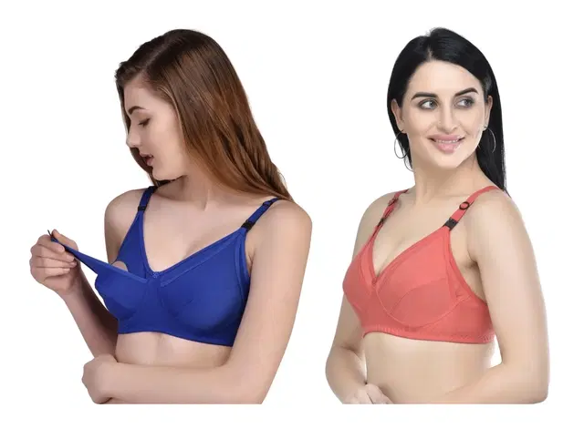 Cotton Blend Solid Non Padded Feeding Bras for Women, Pack of 2 (Multicolor, 34)