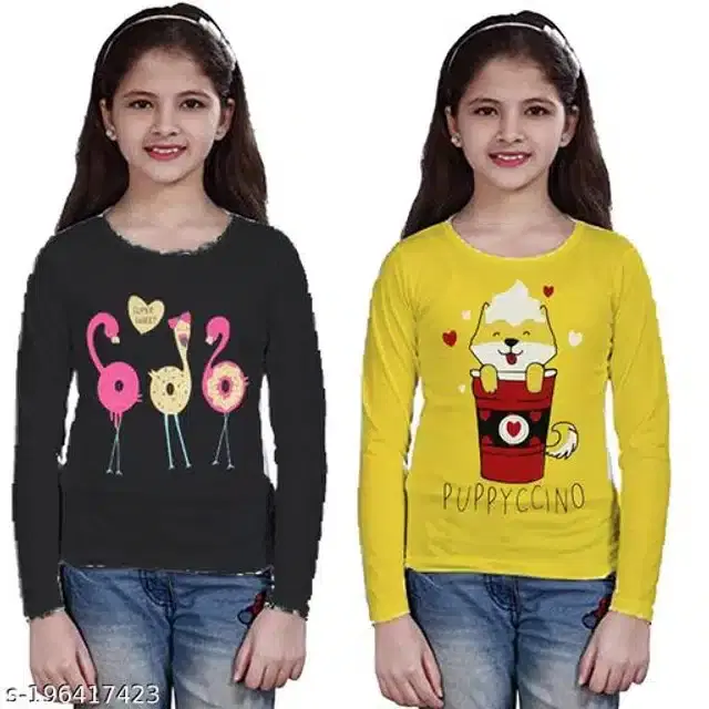 Cotton Full Sleeves T-Shirt for Girls, Pack of 2 (Black & Yellow, 6-7 Years)