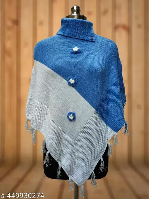 Woolen Poncho for Women (Blue & White, Free Size)