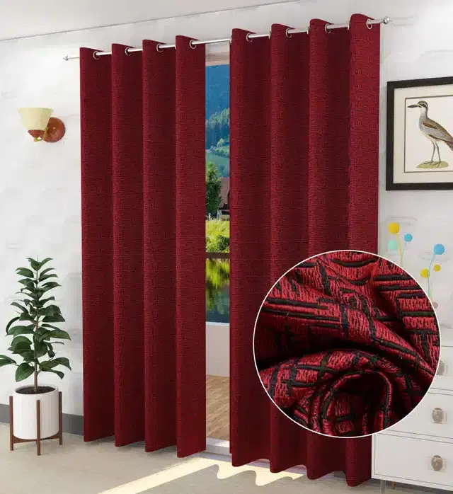 Polyester Checkered Window & Door Curtains, Pack of 2, Maroon, 5 feet