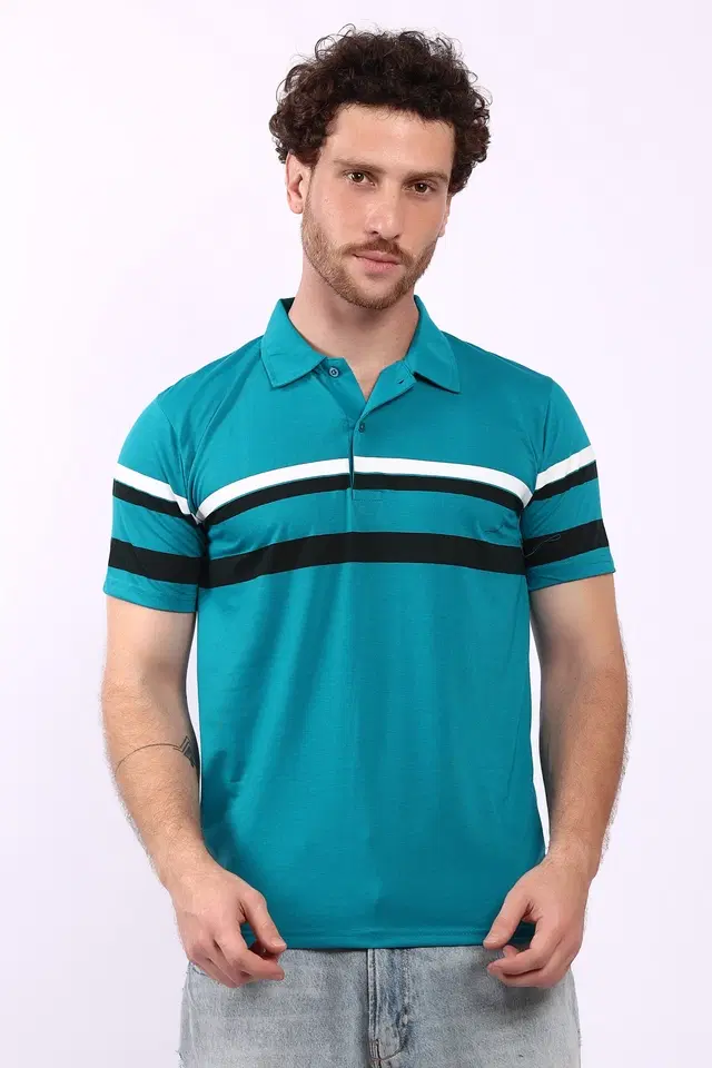 Striped Polo T-Shirt for Men, Blue (M)