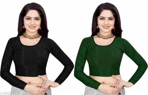 Lycra Ready Made Blouse for Women, Green & Blue, Pack of 2 (36)