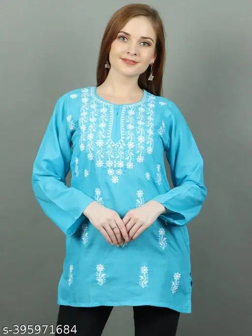 Cotton Chikankari Short Kurti for Women, Blue (S)