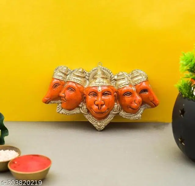 Poly Resin Handicrafted Panchmukhi Hanuman Ji Murti for Pooja, Orange