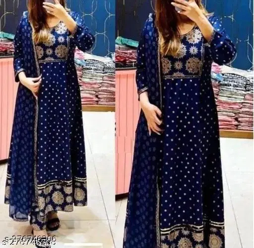 Printed Anarkali Dupatta Set for Women (Navy Blue, L)