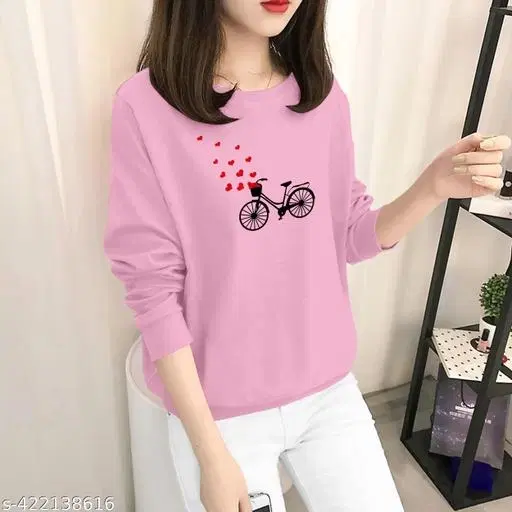 Cotton Blend Printed Sweatshirt for Women (Pink, XS)