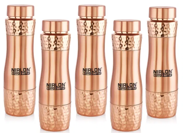 Nirlon Copper Tamba Designer Bottle With Advanced Leaf Proof Protection/Joint Less, Ayurveda And Yoga Health Benefits For Everyday Use, Tatva 950Ml, Set Of 5